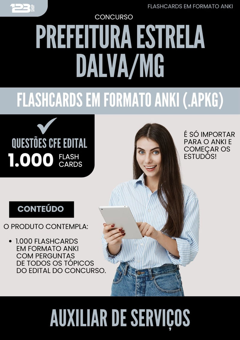 Flashcards para Concurso Auxiliar De Servicos da Prefeitura Estrela Dalva Mg 2025 - 1.000 Flashcards de Acordo com Edital