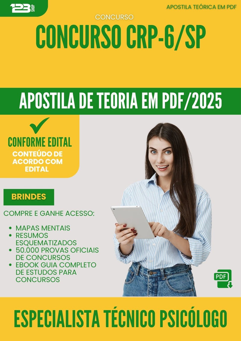 Apostila Teórica para Concurso Especialista Tecnico Psicologo Crp 6 Sp 2025 - Conteúdo de Acordo com Edital