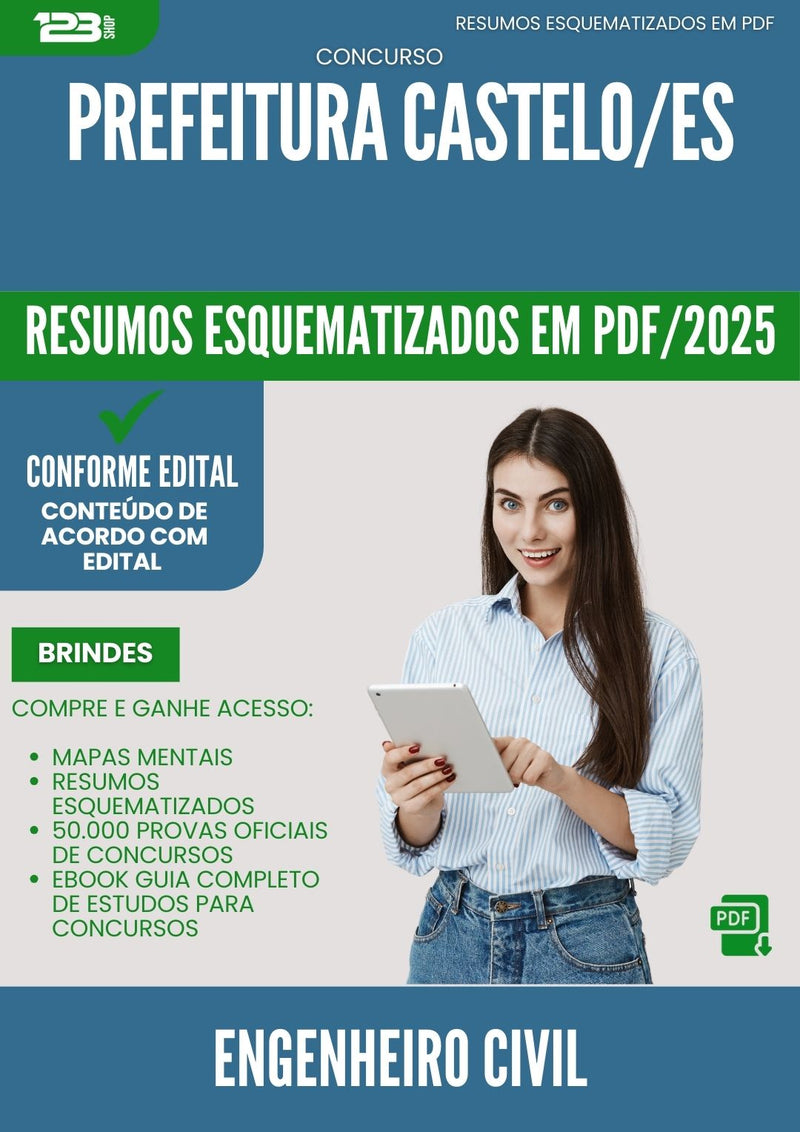 Resumos Esquematizados para Concurso Engenheiro Civil da Prefeitura Castelo Es 2025 - Conteúdo de Acordo com Edital