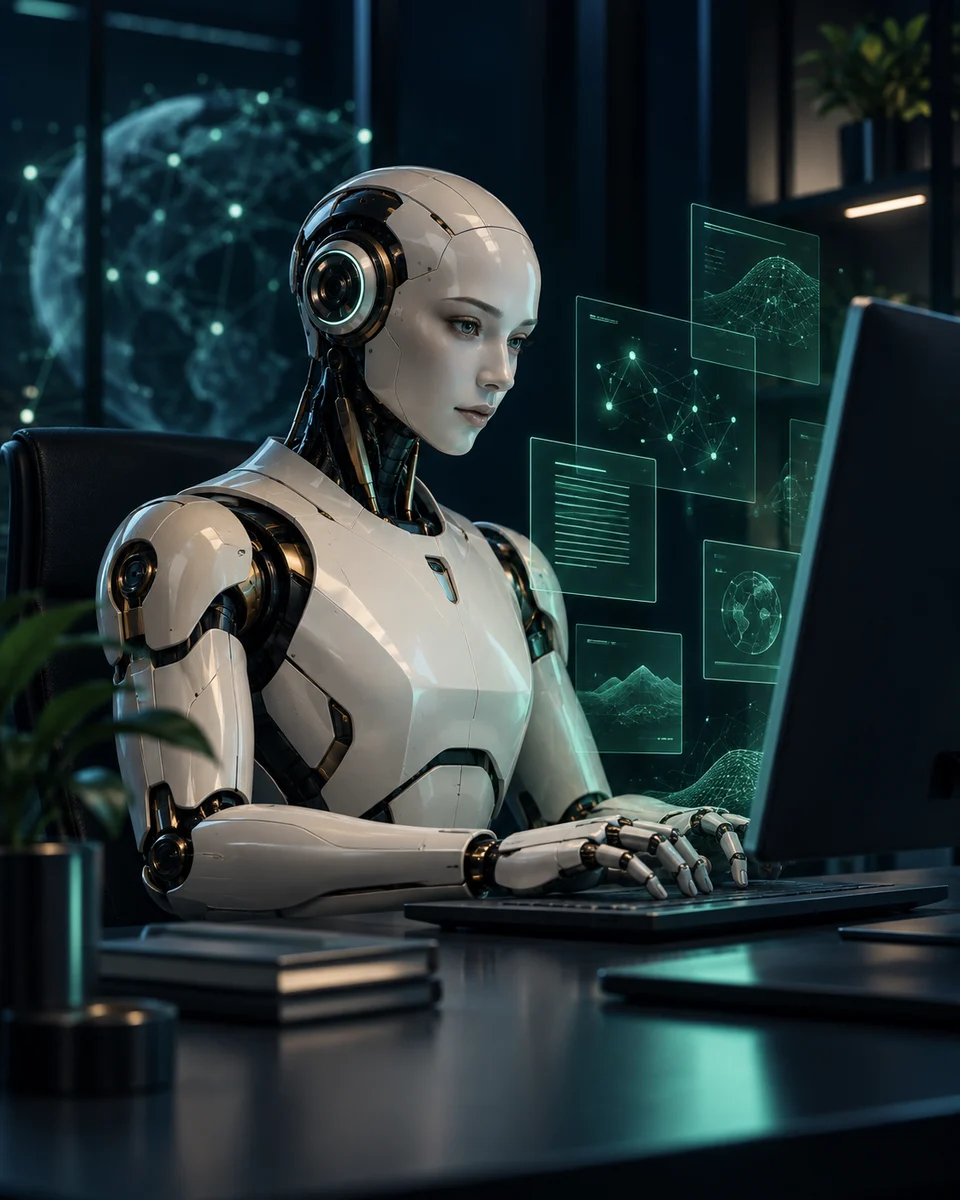 Humanoide de inteligência artificial trabalhando diante de um computador com hologramas de dados