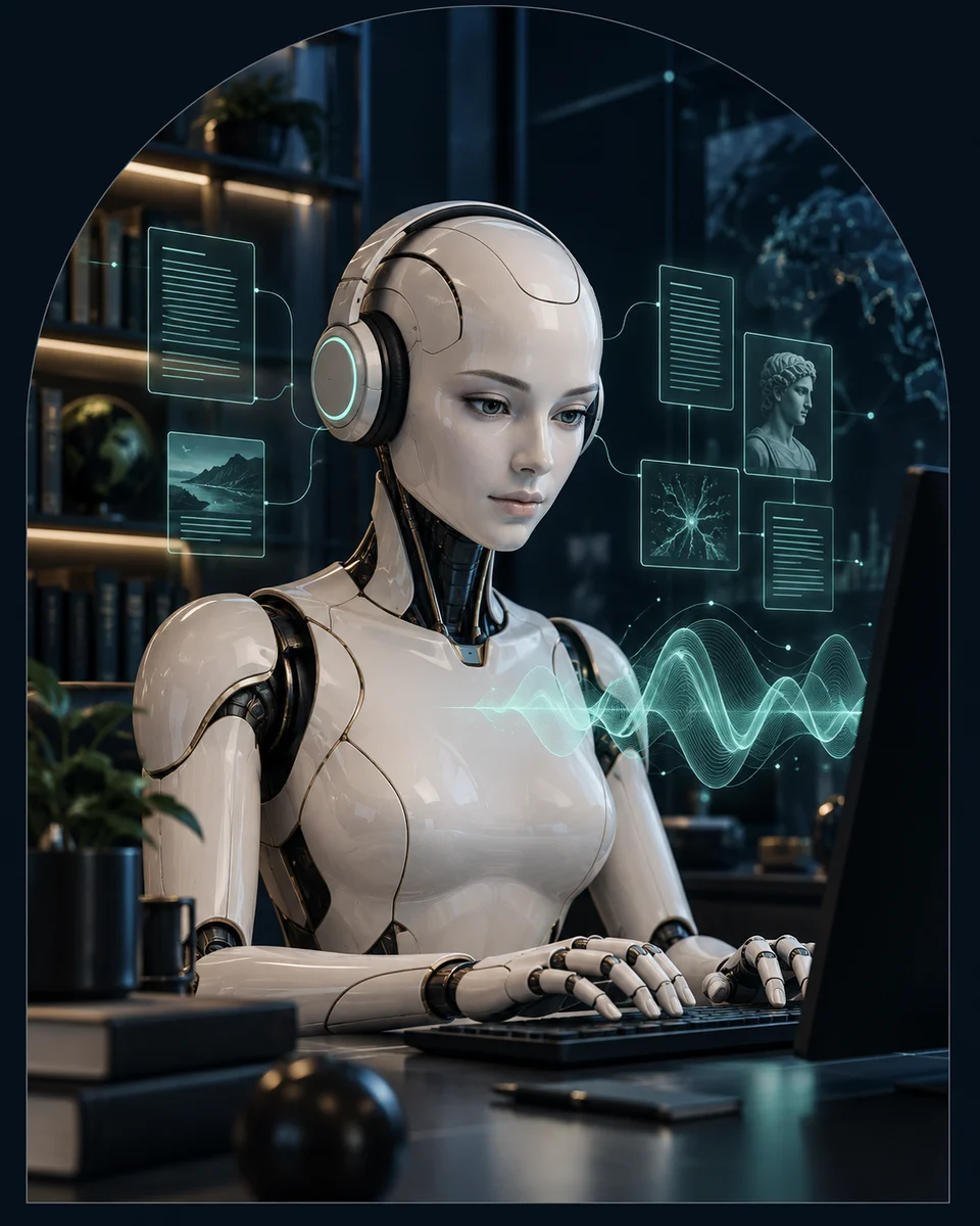 Humanoide de inteligência artificial organizando conhecimento em um laboratório digital